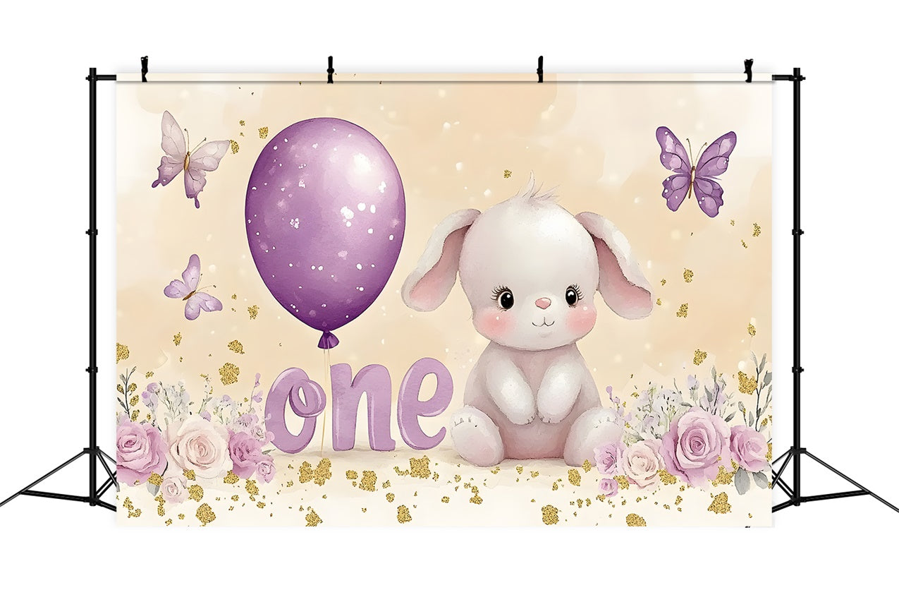 Toile de Fond Ballon Anniversaire Personnalisée Violets Lapin RR1-40