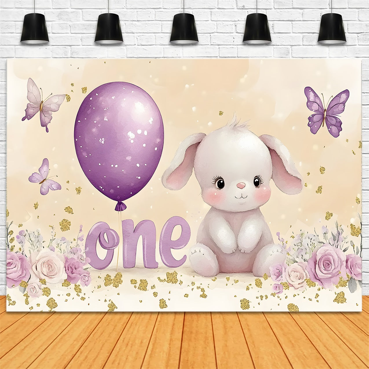 Toile de Fond Ballon Anniversaire Personnalisée Violets Lapin RR1-40