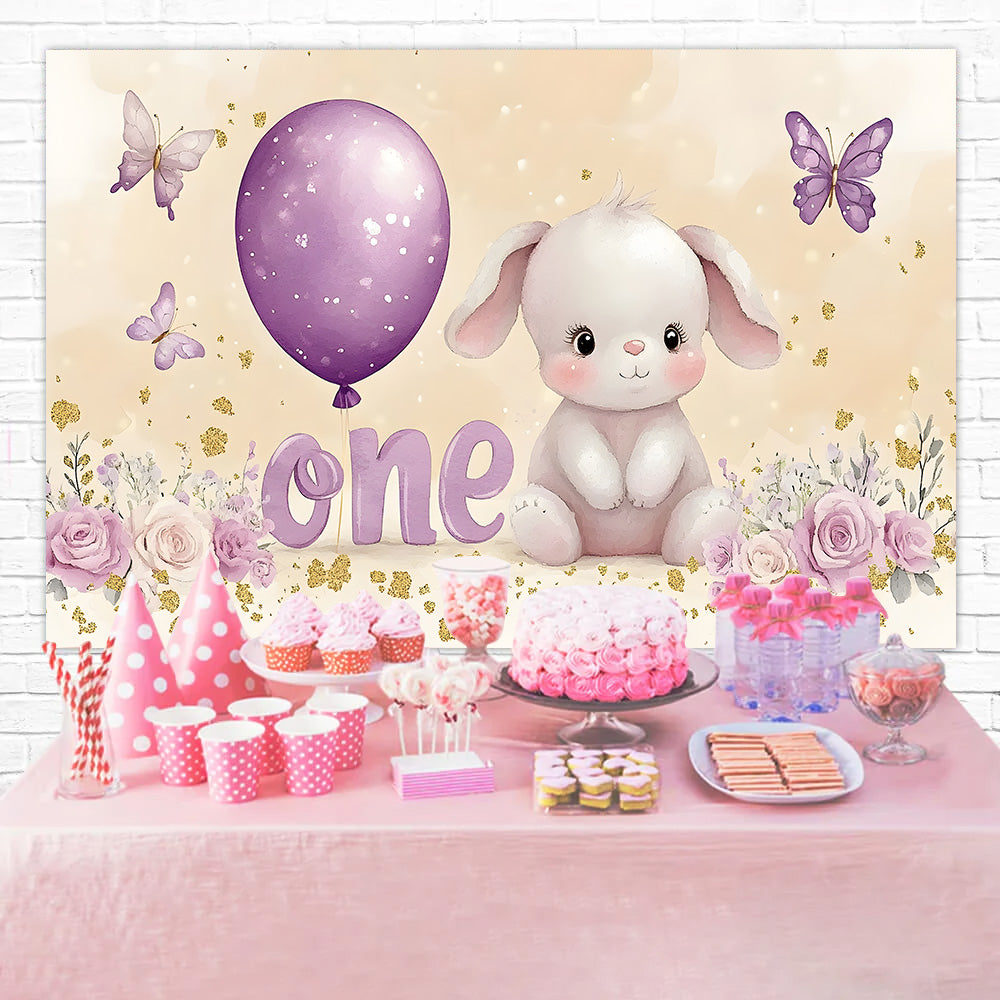 Toile de Fond Ballon Anniversaire Personnalisée Violets Lapin RR1-40