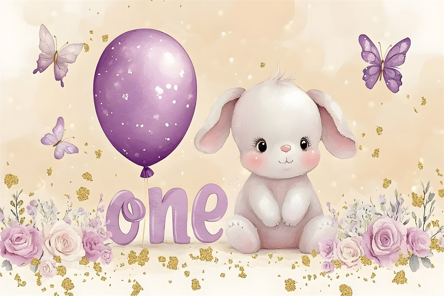 Toile de Fond Ballon Anniversaire Personnalisée Violets Lapin RR1-40