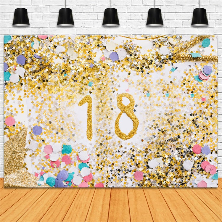 Toile de Fond Anniversaire Personnalisée Confettis Dorés Glamour 18 Ans RR1-63