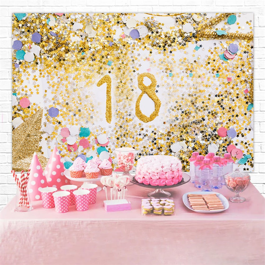 Toile de Fond Anniversaire Personnalisée Confettis Dorés Glamour 18 Ans RR1-63