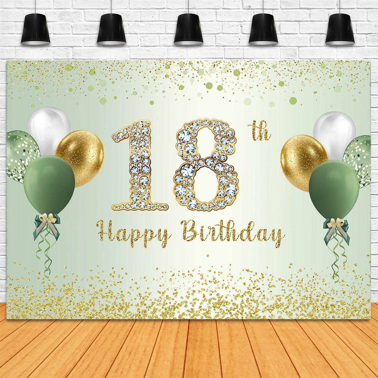 Toile de Fond Anniversaire Personnalisable Ballons Vert Or 18 Ans RR1-65