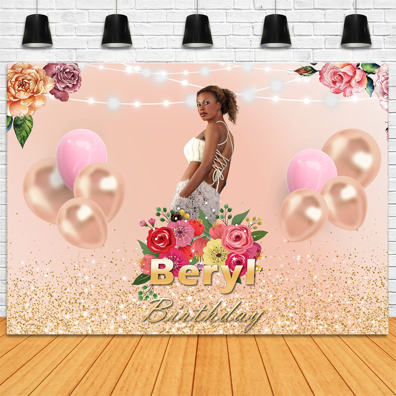 Fond Anniversaire Personnalisée Ballons Fleurs Or RR1-68