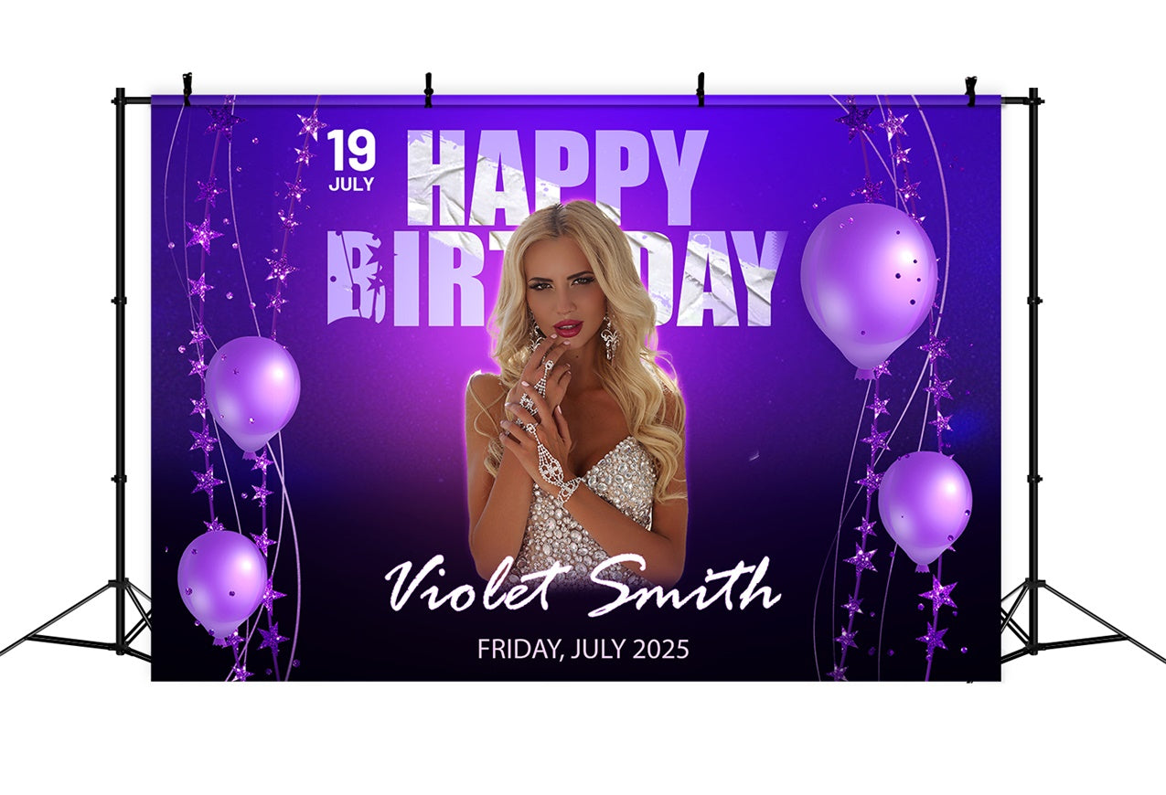 Fond Anniversaire Personnalisée Ballons Scintillants Violet RR1-84