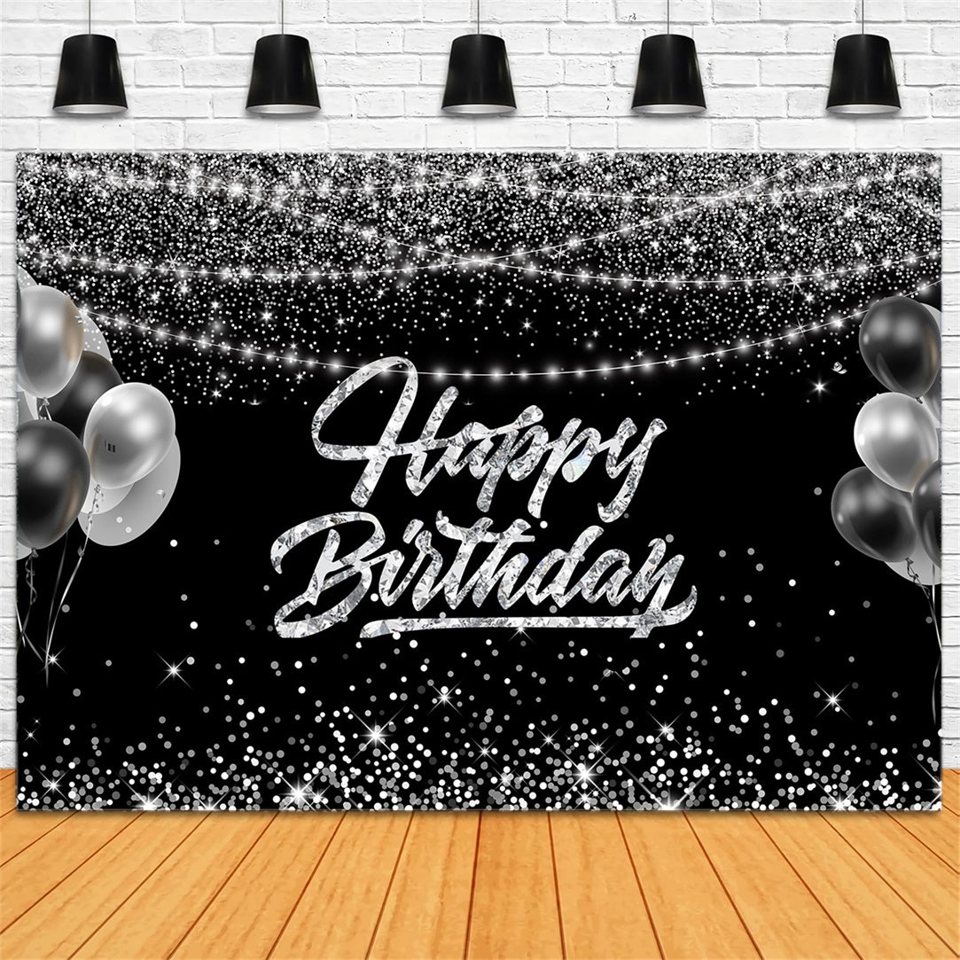 Toile de fond Anniversaire Personnalisable Ballons Paillettes Noirs Argent RR12-1