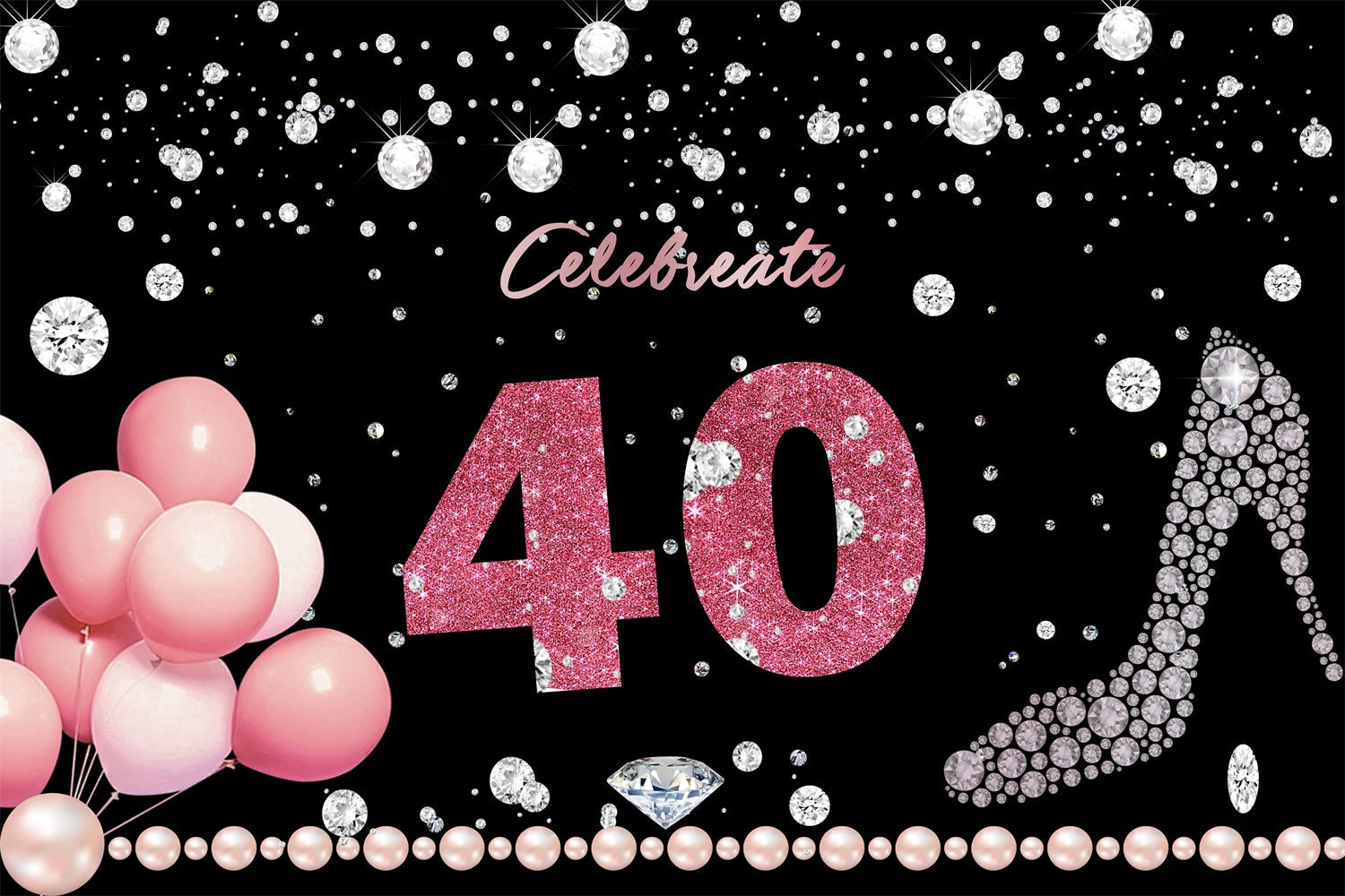 Toile de fond Ballons Anniversaire Personnalisé 40e Diamant Perles BRR12-57