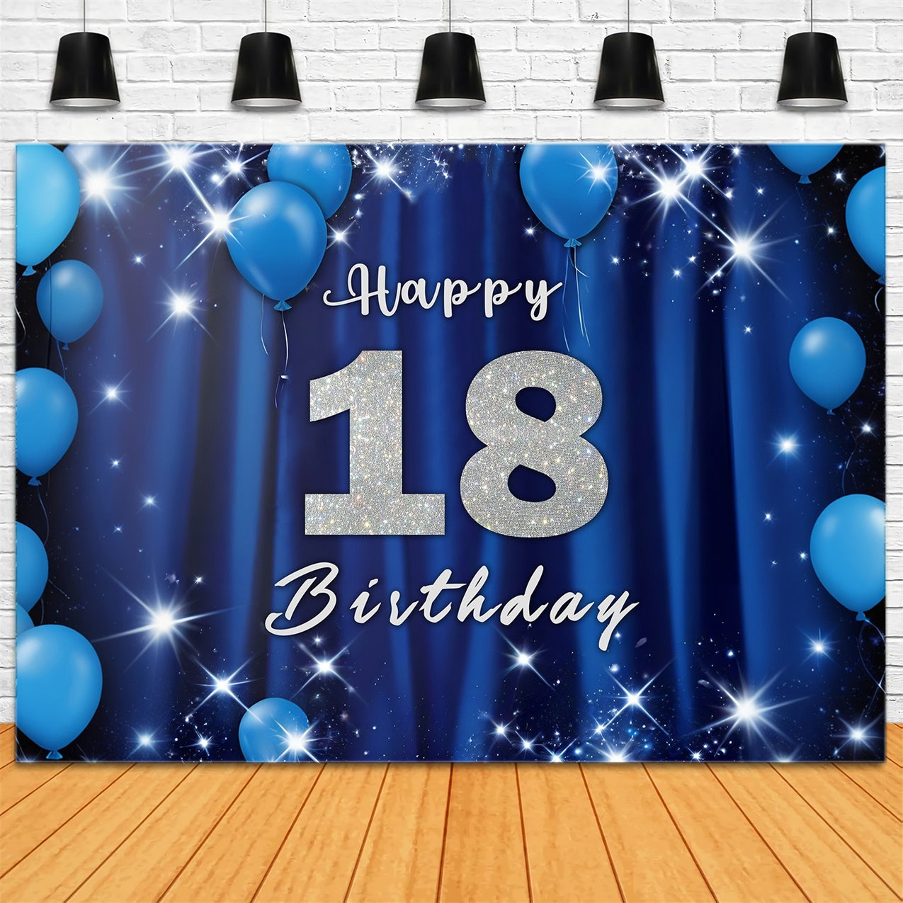 Toile de fond Ballon Anniversaire 18e Bleus Pailletés BRR12-60