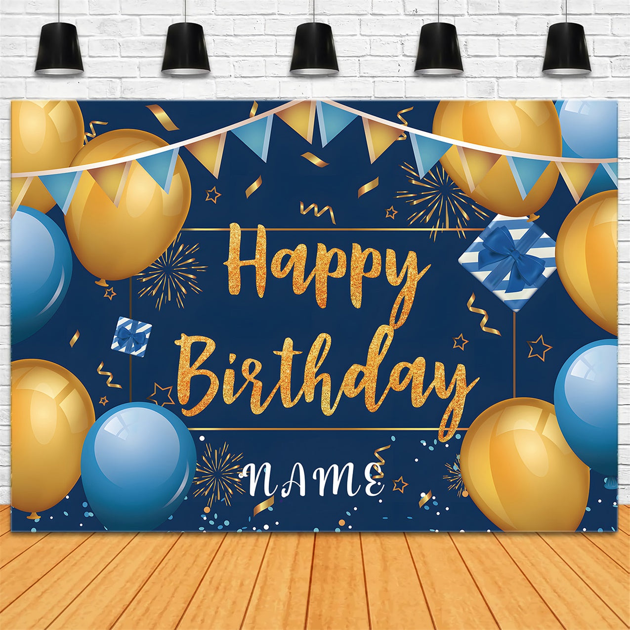 Toile de fond Ballon Anniversaire Personnalisé Bleus Dorés BRR12-62