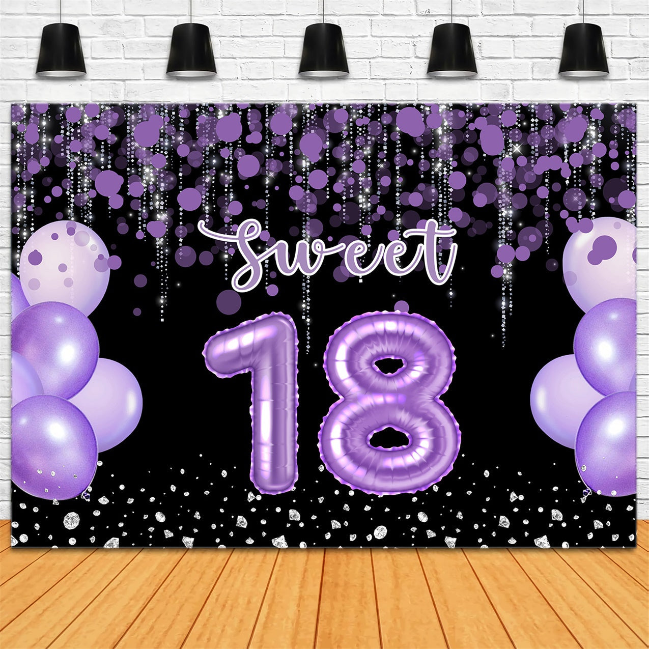 Toile de fond Anniversaire 18e Année Ballon Violet Scintillant Personnalisé RR12-73