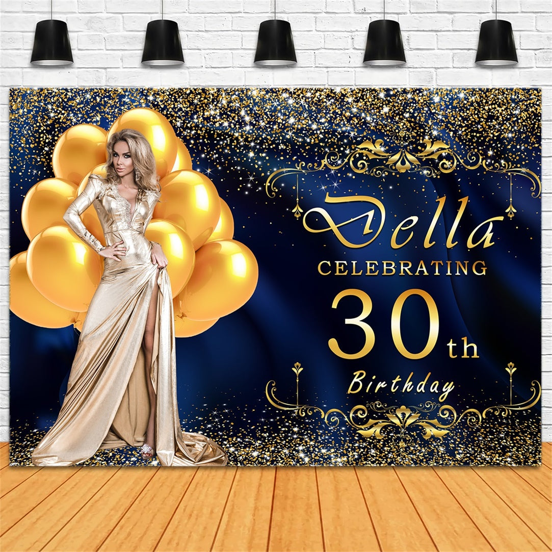 Toile de fond Anniversaire 30e Année Ballon Bleu Doré Luxueux Personnalisé RR12-77