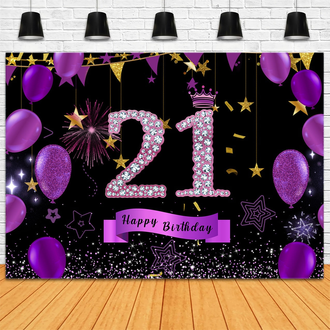 Toile de fond Anniversaire 21e Année Ballons Violet Scintillants Personnalisé RR12-79