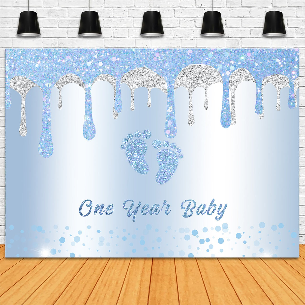 Toile de fond Anniversaire 1er Anniversaire Pieds Bébé Scintillants Bleu RR12-88