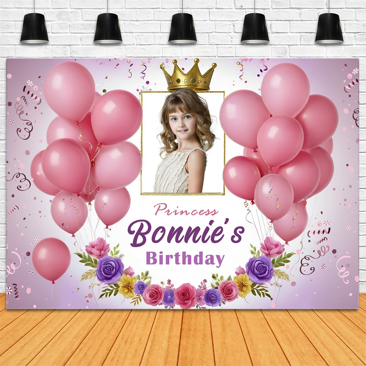 Toile de fond Anniversaire Princesse Ballon Floral Rose Personnalisé RR12-94