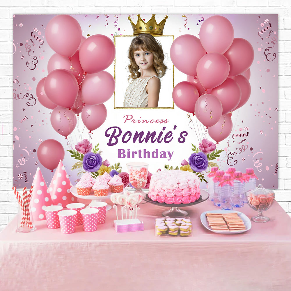 Toile de fond Anniversaire Princesse Ballon Floral Rose Personnalisé RR12-94