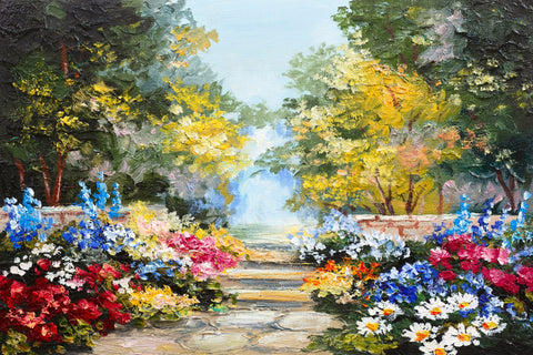 Peinture à l'huile Fleurs autour d'un sentier boisé Belle Toile de fond RR3-05