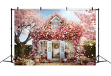 Toile de fond pour maison romantique avec cerisiers en fleurs RR3-15
