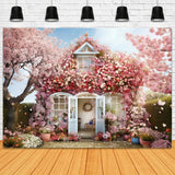 Toile de fond pour maison romantique avec cerisiers en fleurs RR3-15