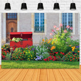 Toile de fond pour maison de ville au printemps Jardin Fleurs Pelouse Coffre en bois rouge RR3-17
