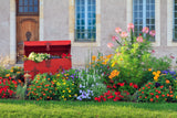 Toile de fond pour maison de ville au printemps Jardin Fleurs Pelouse Coffre en bois rouge RR3-17