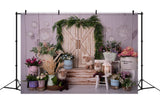Toile de fond pour porte en bois blanc avec fleurs et verdure RR3-21