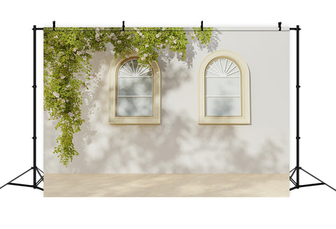 Toile de Fond Mur Blanc avec Fenêtre Vintage et Plante Verte RR5-13