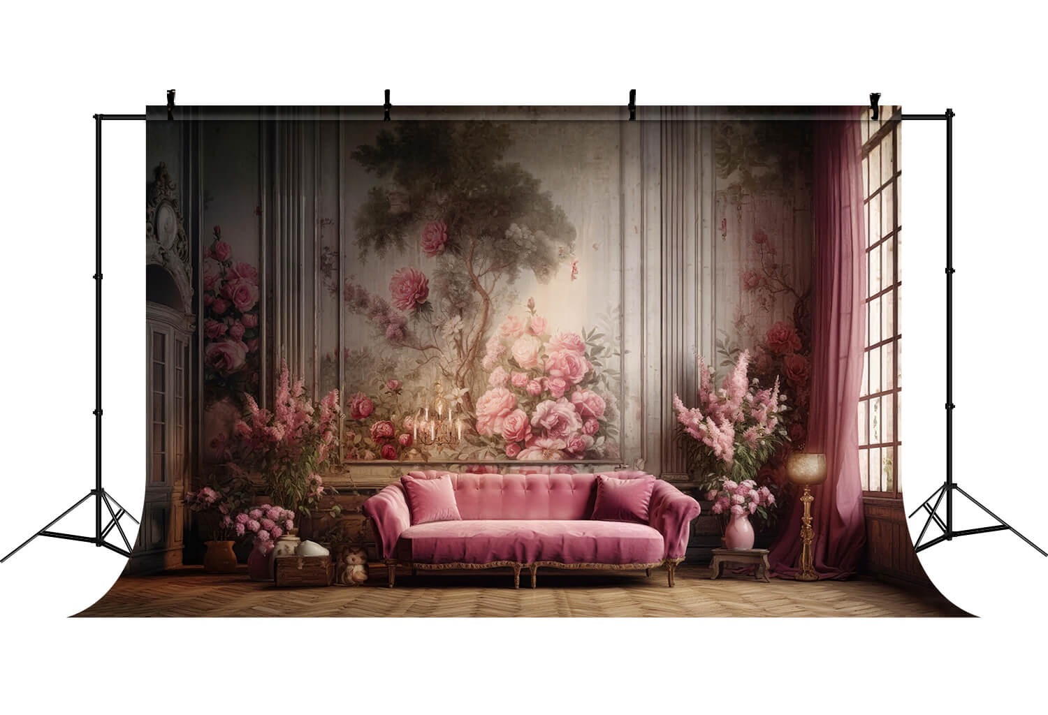 Toile de fond salon mur rétro canapé rose floral RR6-62