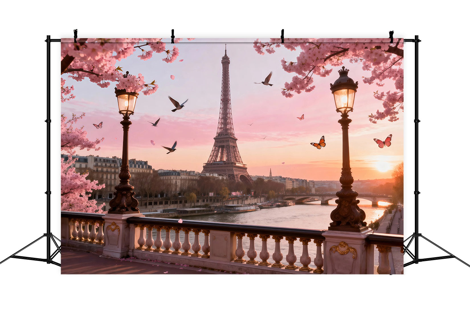 Fond Photo Paris Rivière Fleurs Cerisier Crépuscule RR61-36