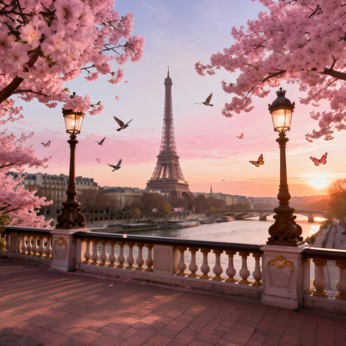 Fond Photo Paris Rivière Fleurs Cerisier Crépuscule RR61-36