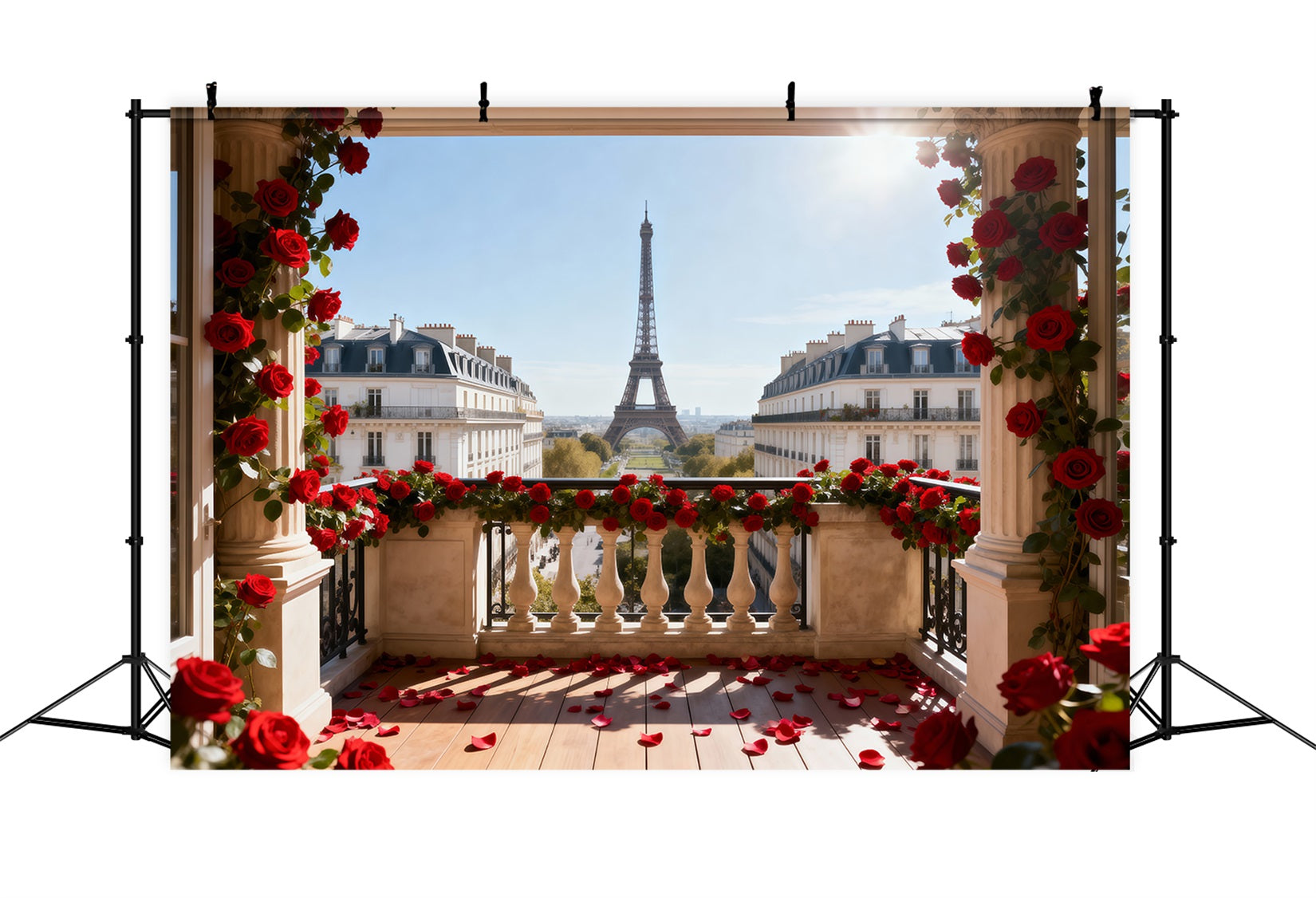 Fond Studio Photo Tour Eiffel Balcon Roses Rouges Romance RR61-38