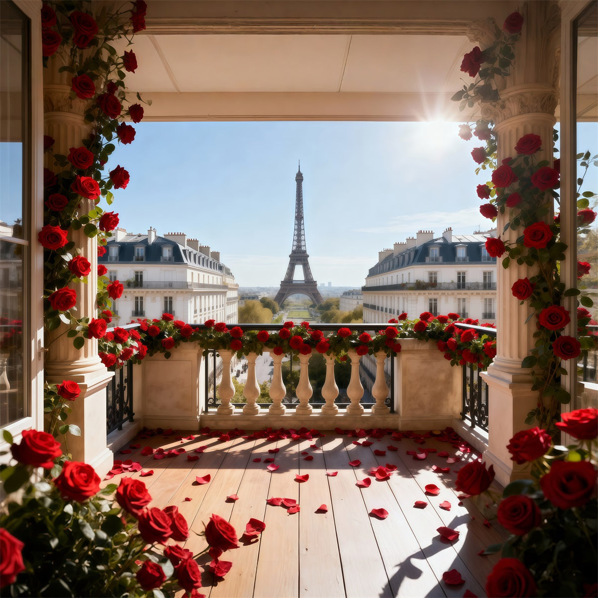 Fond Studio Photo Tour Eiffel Balcon Roses Rouges Romance RR61-38