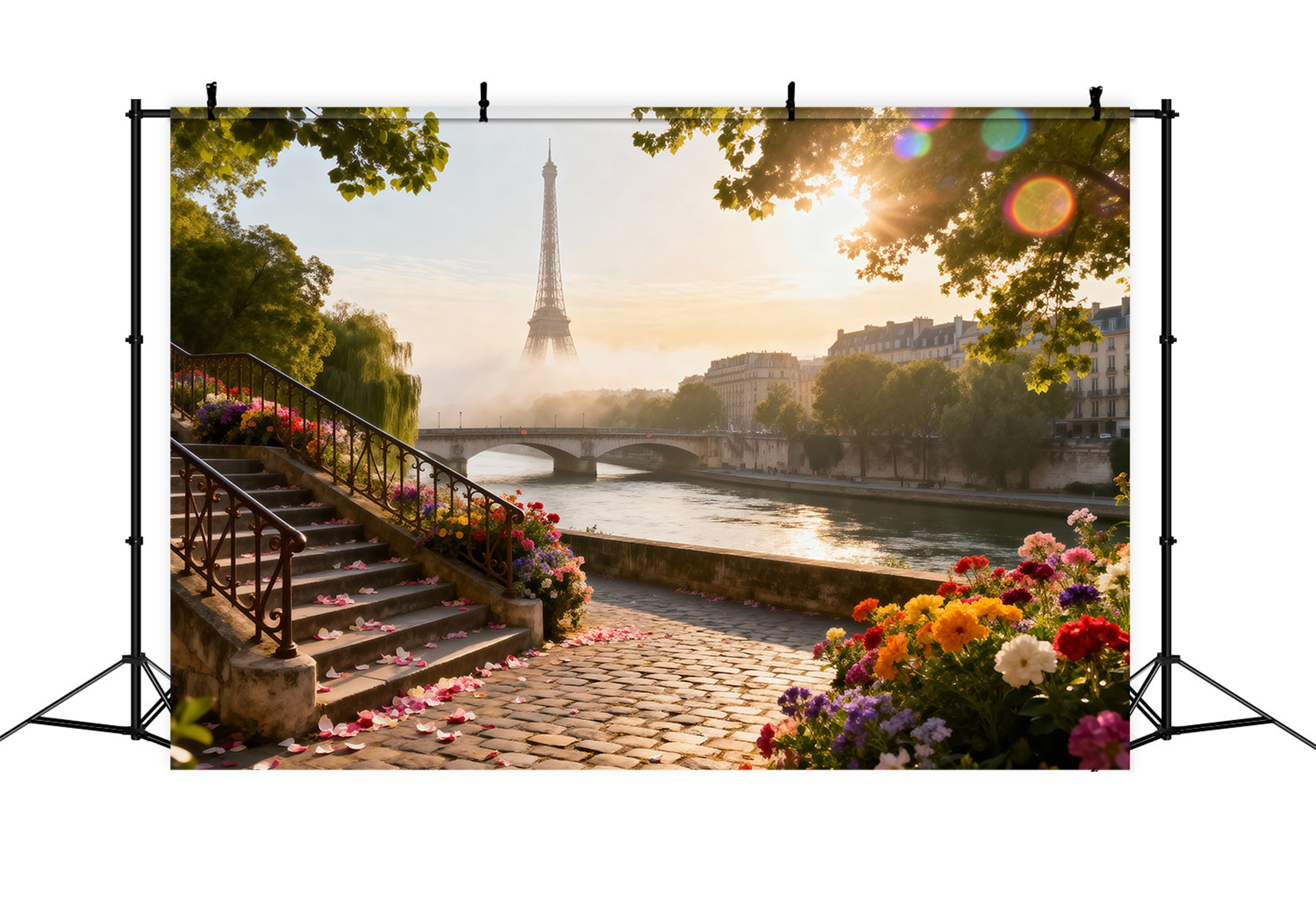 Toile de fond Tour Eiffel Jardin Rivière Lever Du Soleil RR61-41