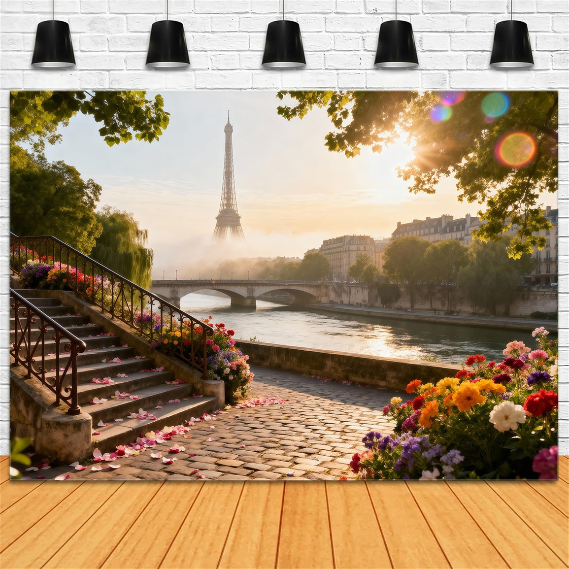 Toile de fond Tour Eiffel Jardin Rivière Lever Du Soleil RR61-41