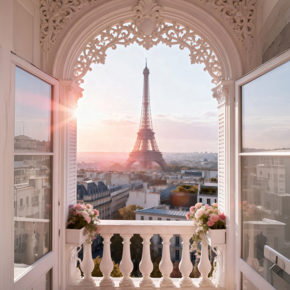 Fond Studio Photo Paris Balcon Arche Ornée Lever Du Soleil RR61-42