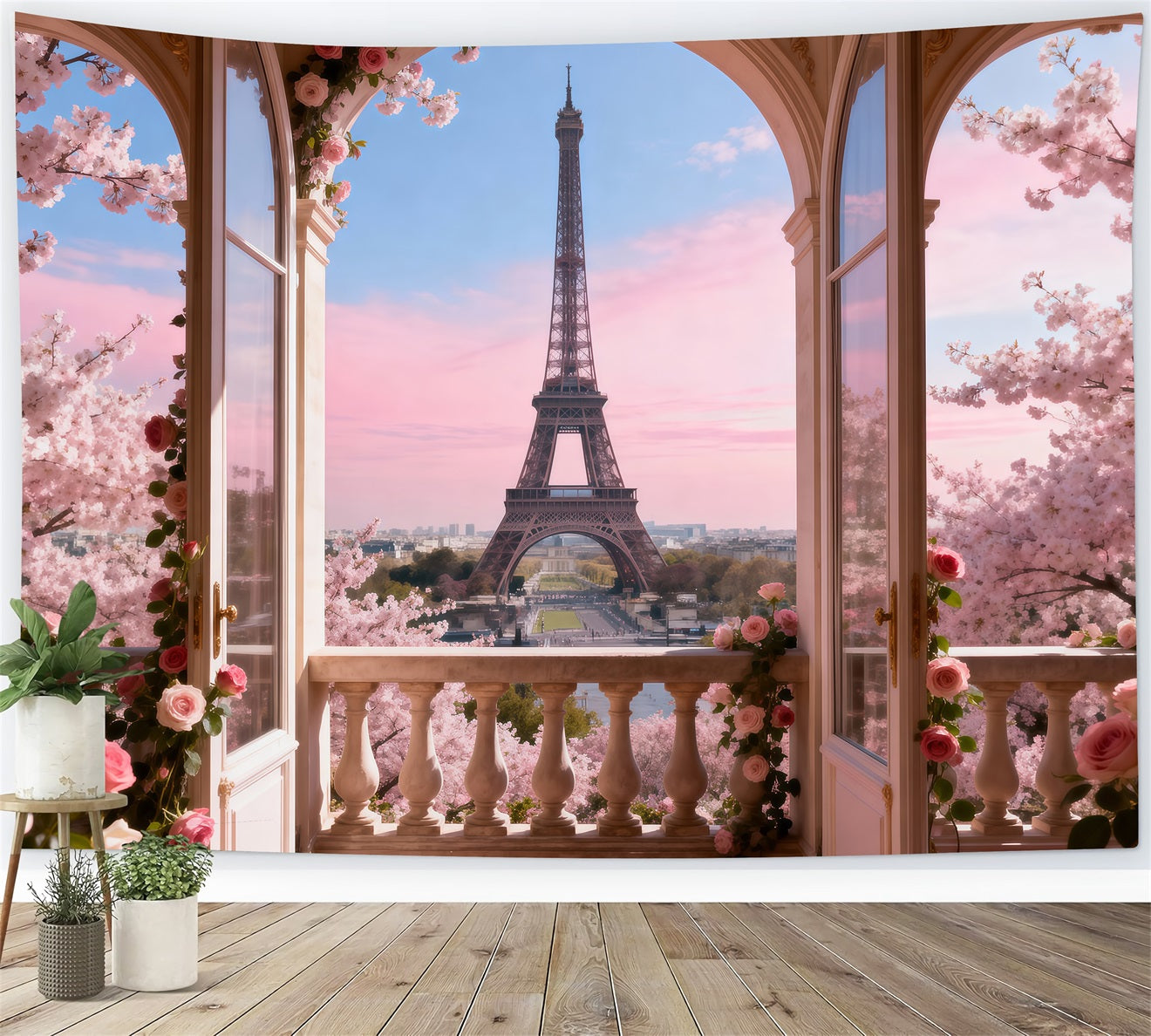 Fond Studio Photo Tour Eiffel Balcon Fleurs Pastel Matin RR61-54