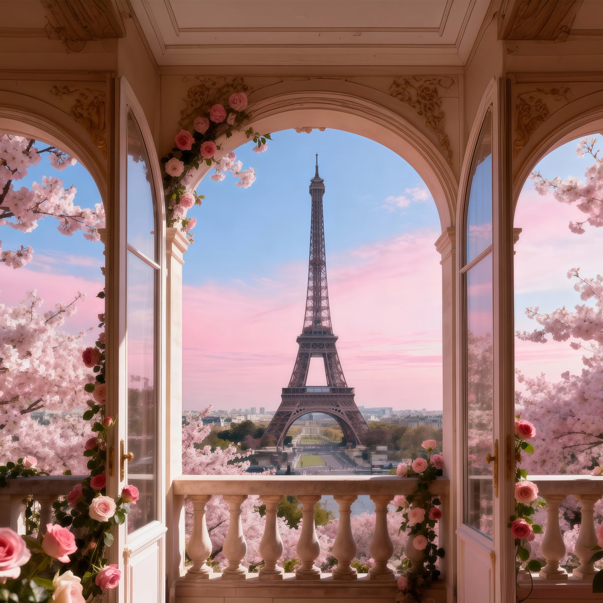 Fond Studio Photo Tour Eiffel Balcon Fleurs Pastel Matin RR61-54