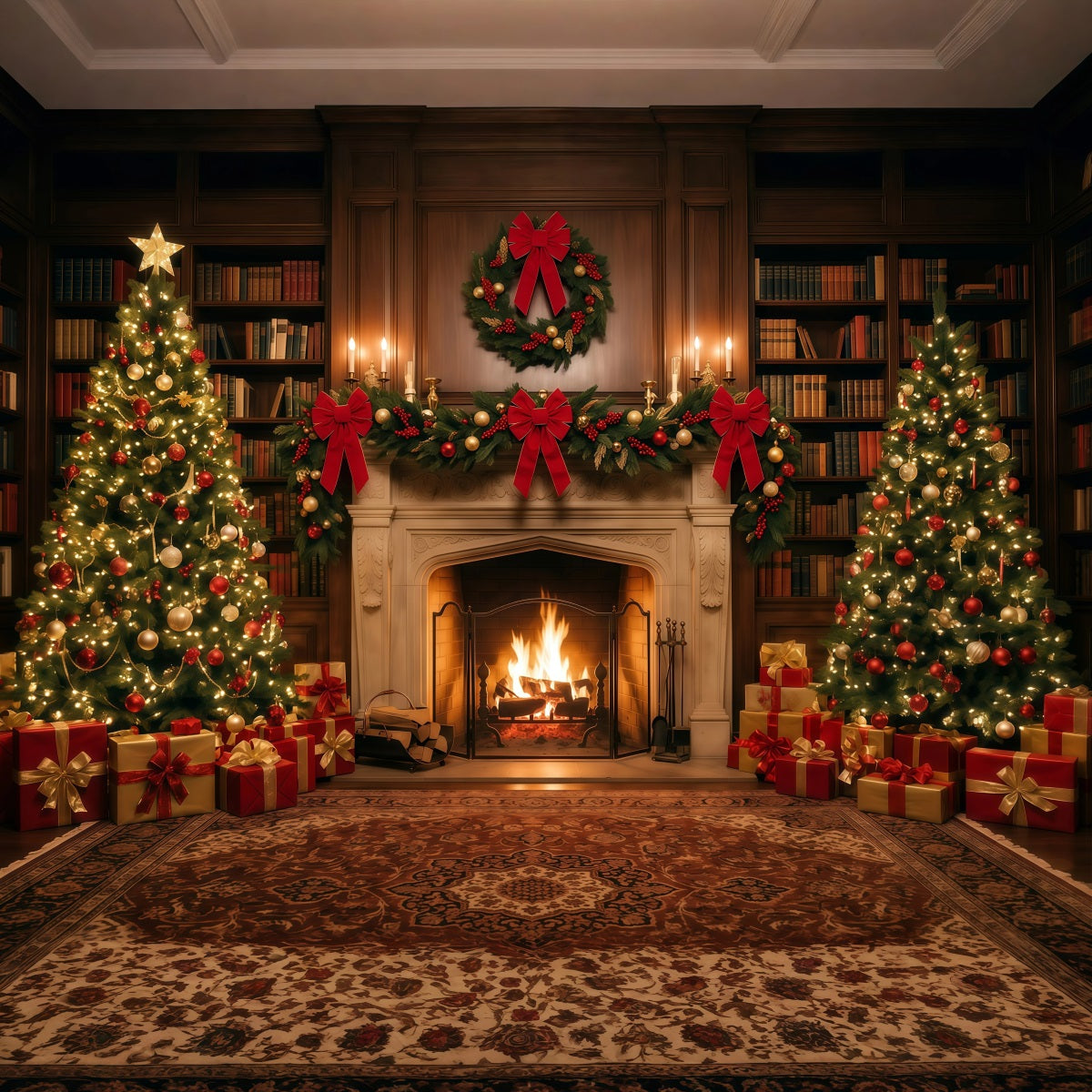 Fond Photo De Noël Bibliothèque Ornée Présentoir Cheminée RR610-101