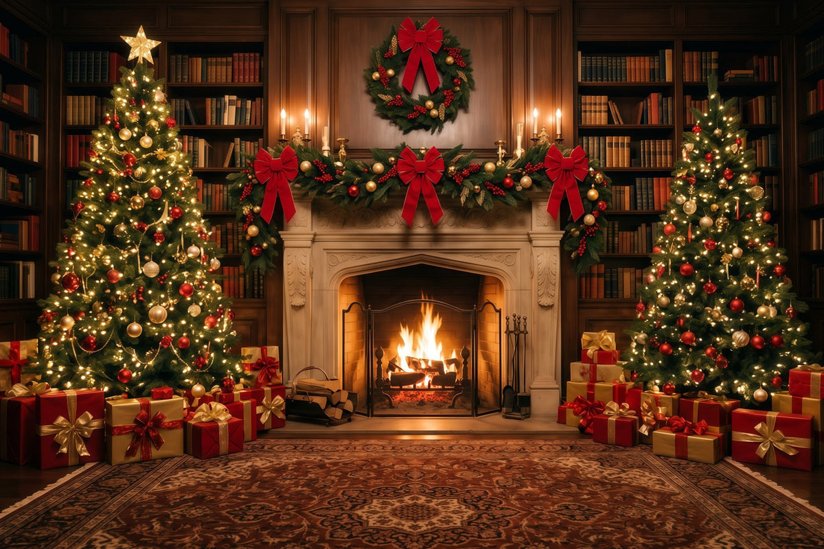 Fond Photo De Noël Bibliothèque Ornée Présentoir Cheminée RR610-101