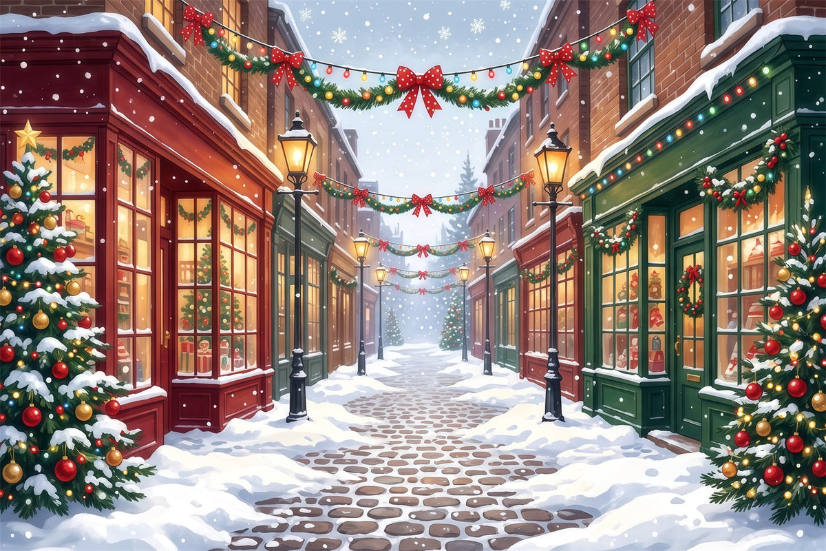 Fond De Village De Noël Rue Commerçante Décorée Enneigée RR610-103