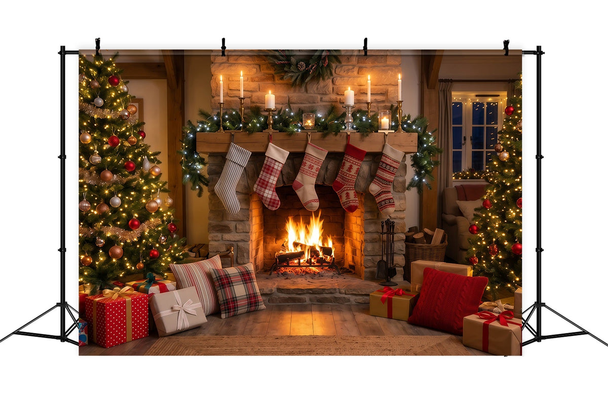 Fond Photo De Noël Cheminée Rustique Chaussettes Suspendues RR610-104