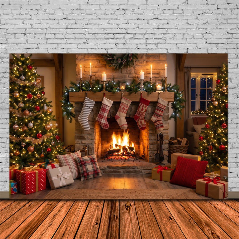 Fond Photo De Noël Cheminée Rustique Chaussettes Suspendues RR610-104