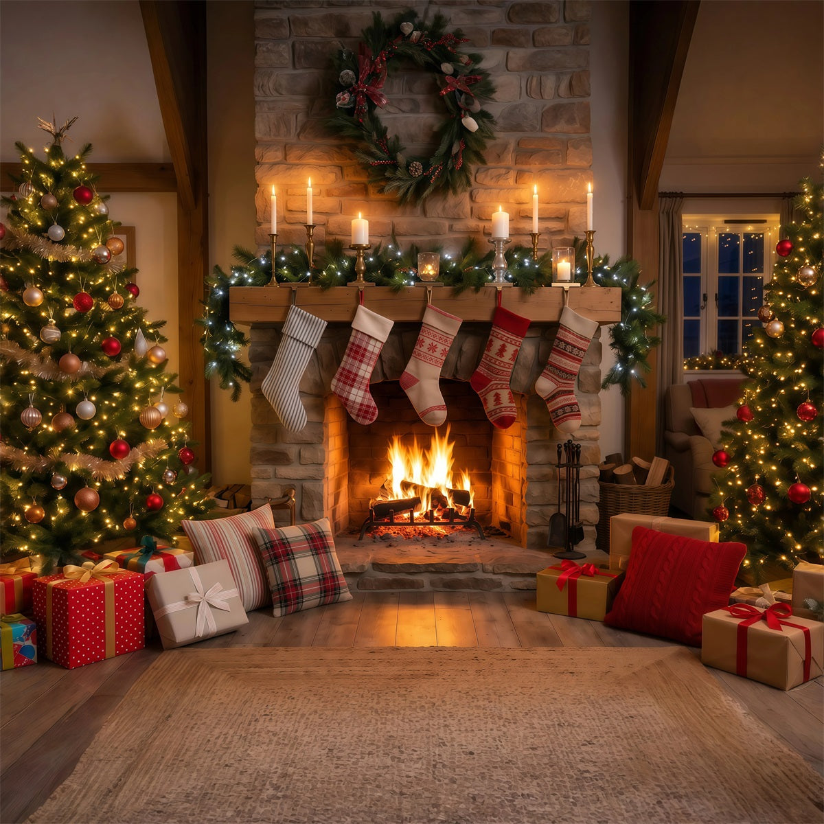 Fond Photo De Noël Cheminée Rustique Chaussettes Suspendues RR610-104