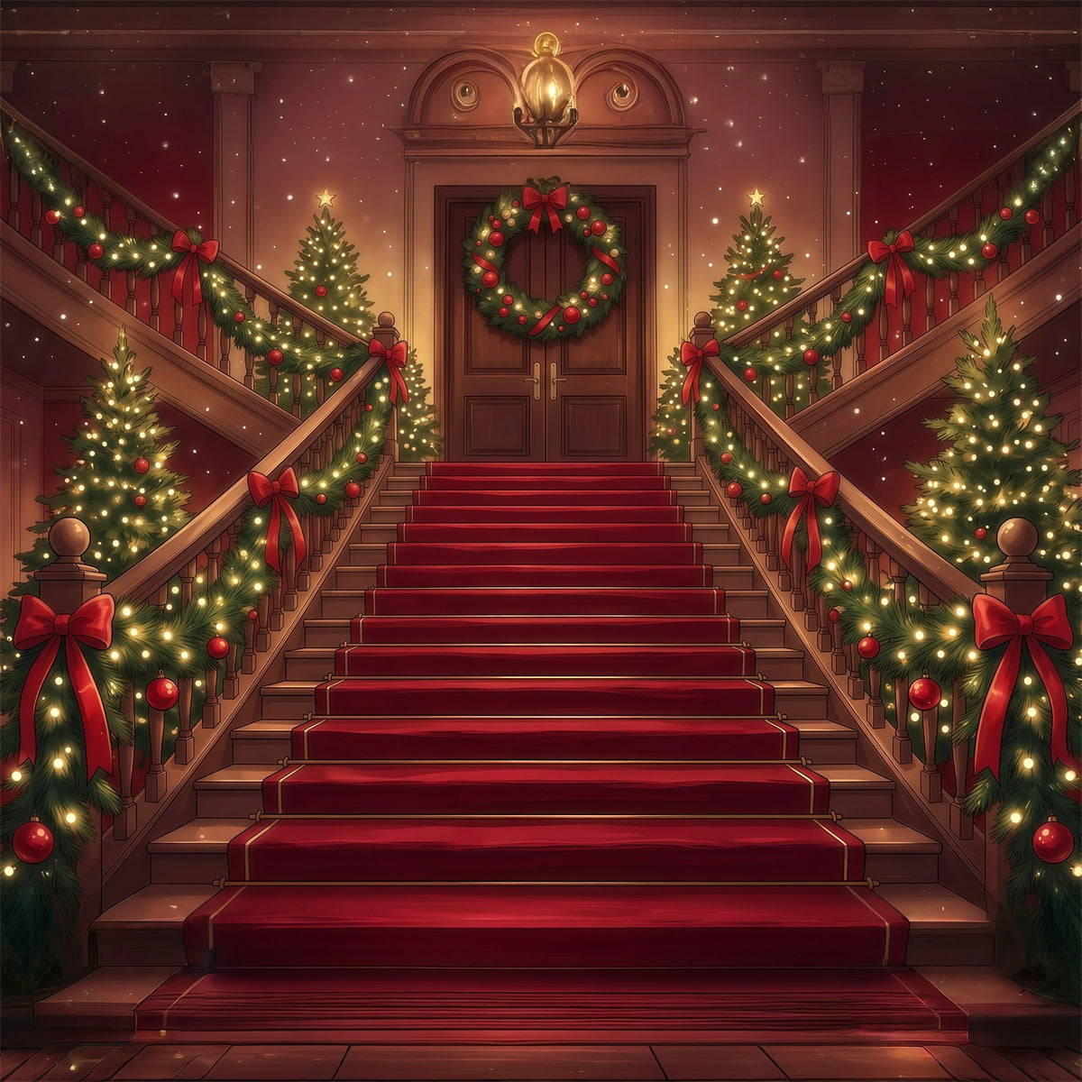 Fond De Noël Grand Escalier Guirlandes Enveloppantes RR610-105