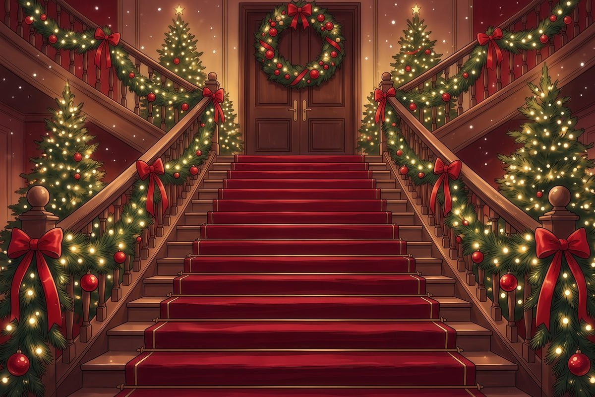 Fond De Noël Grand Escalier Guirlandes Enveloppantes RR610-105