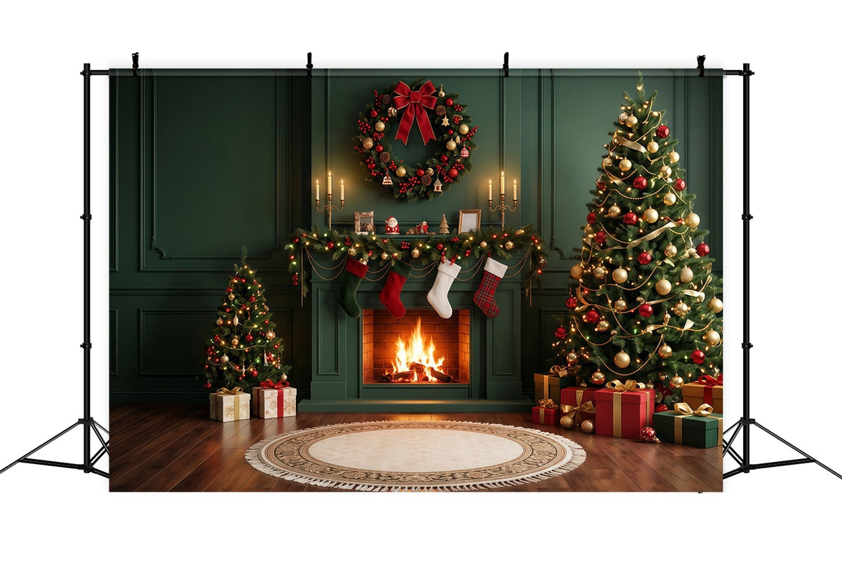Fond De Cheminée De Noël Sapins Chaussettes Couronne RR610-110