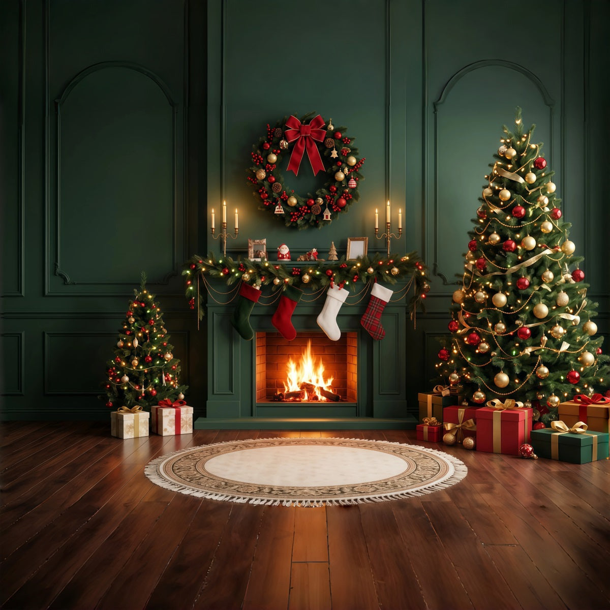 Fond De Cheminée De Noël Sapins Chaussettes Couronne RR610-110