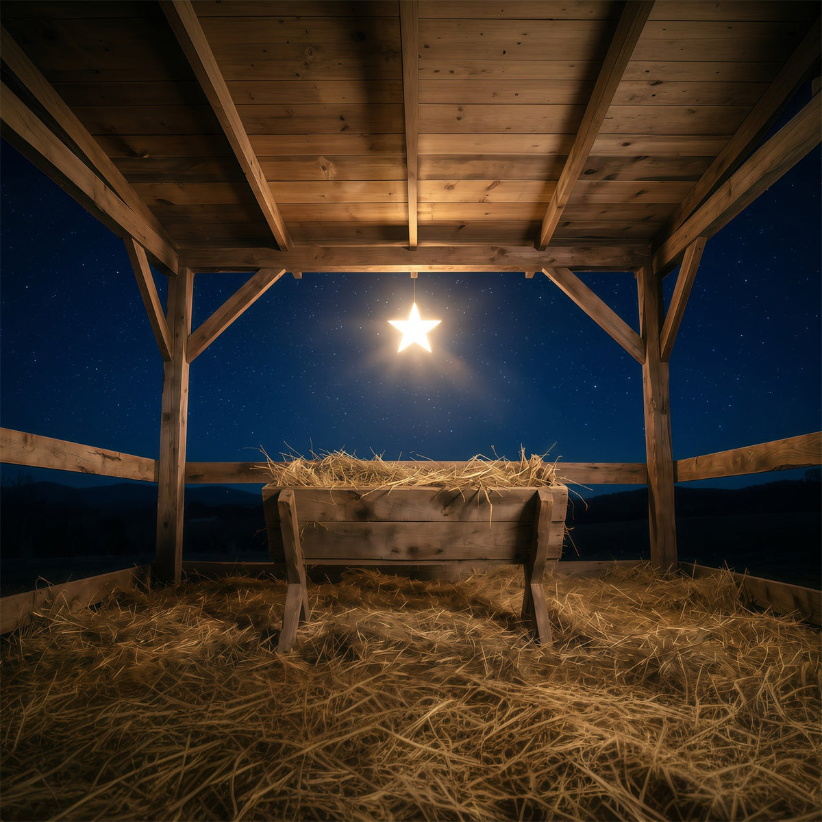 Fond De Crèche De Noël Nuit Étoilée Étable Mangeoire RR610-111