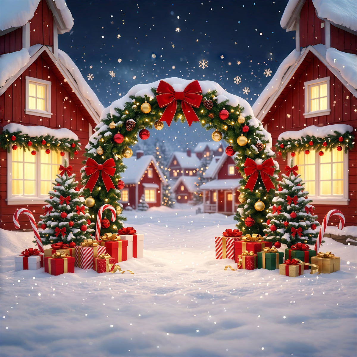 Fond De Village De Noël Arche Maison Couronne Enneigée RR610-112