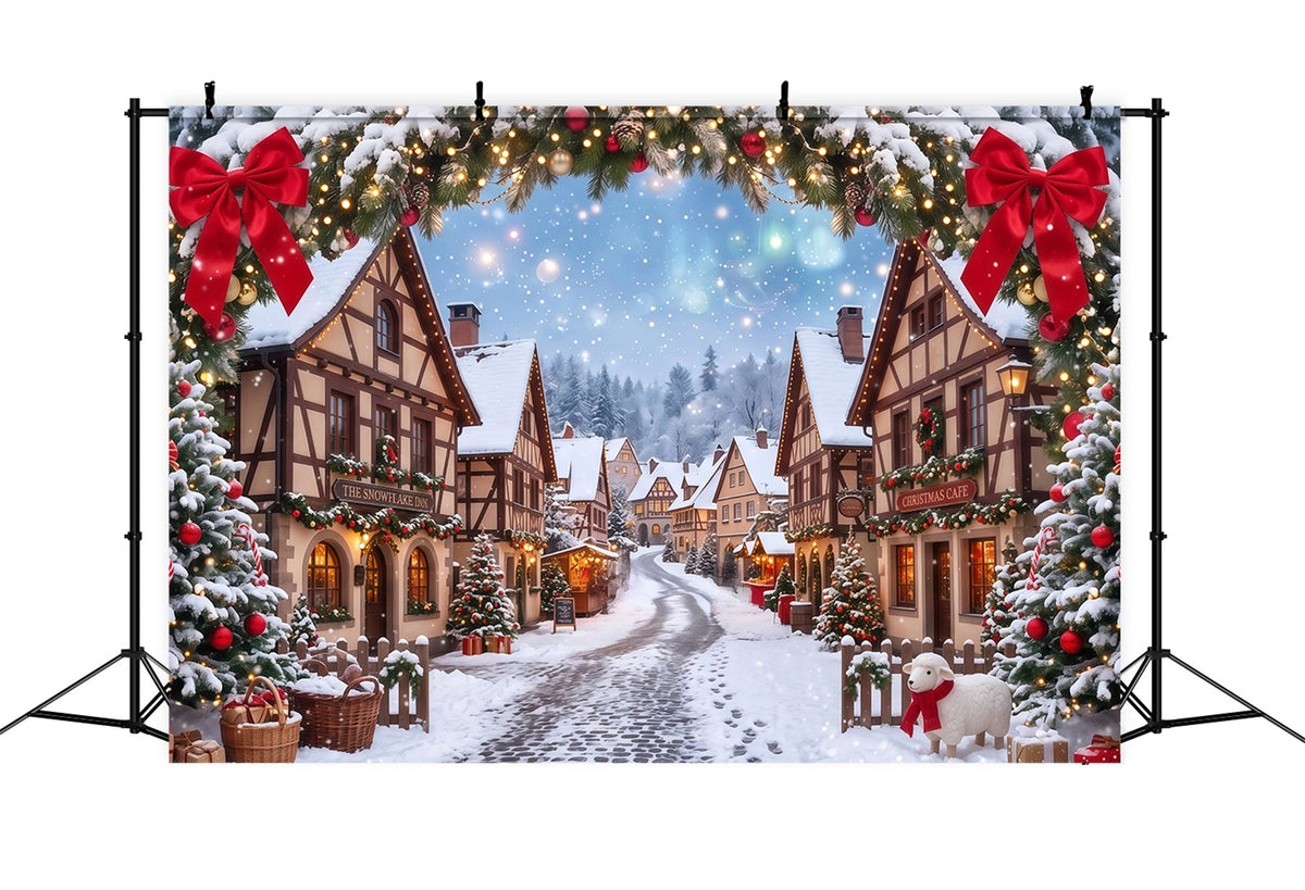 Fond De Village De Noël Maison Arche Guirlande Enneigée RR610-114