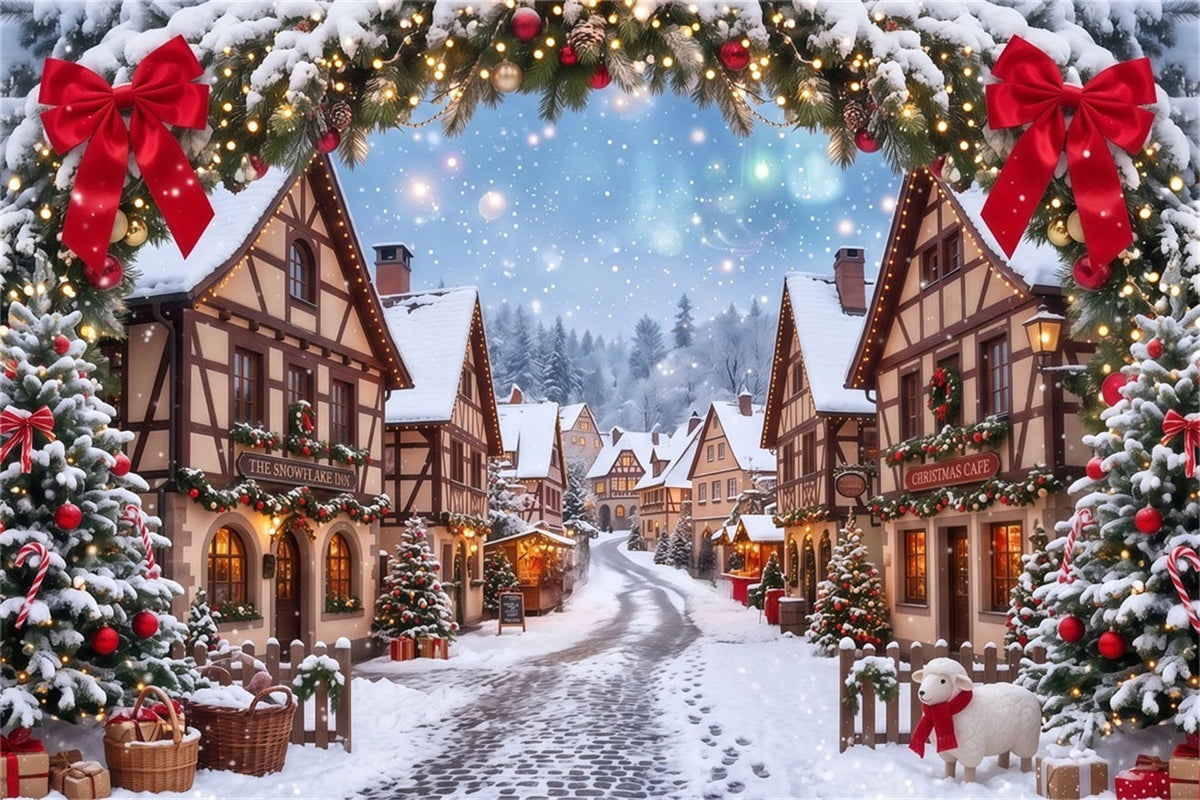 Fond De Village De Noël Maison Arche Guirlande Enneigée RR610-114